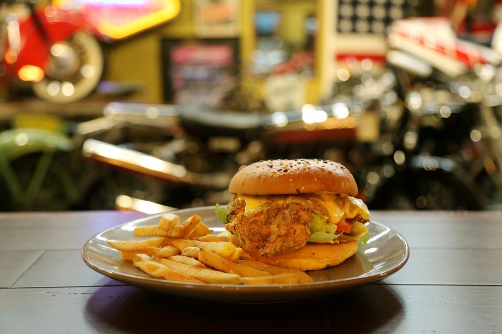 chicken burger with chips at Naked Racer 